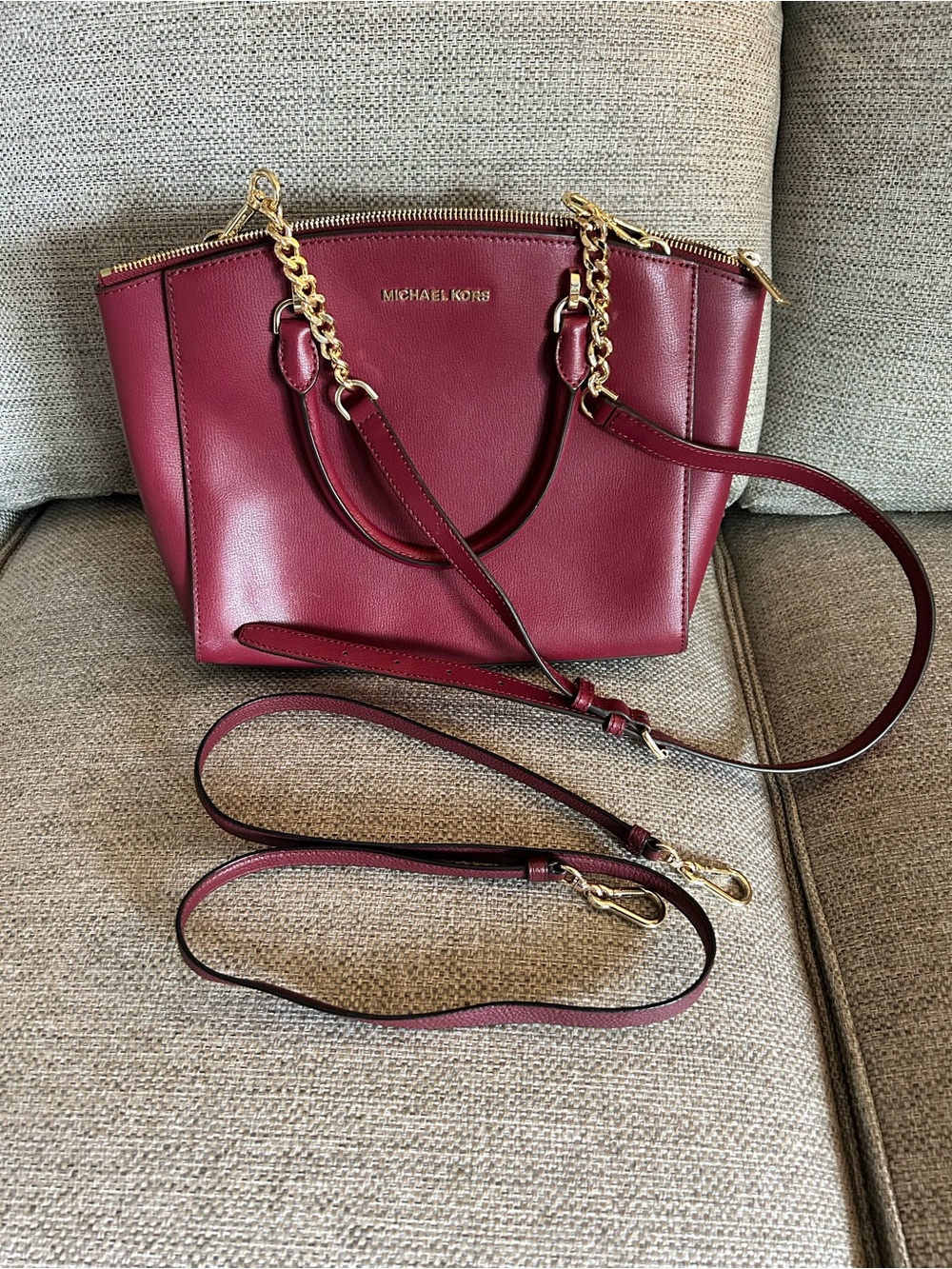 Michael Kors Wine Leather Tote with Gold Hardware